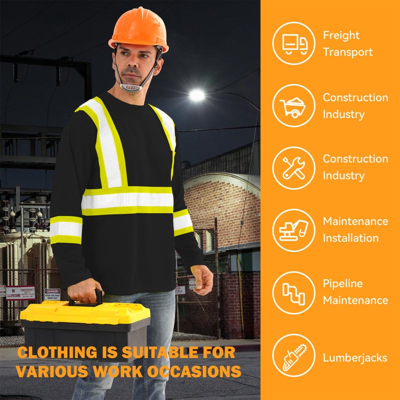 DPSAFETY Hi Vis Safety Long Sleeve Shirts,High Visibility Class 3 T Shirts with Reflective Strips and Pocket, Quick Dry Mesh Construction Work Shirt for Men/Women (Black,6XL) - Image 5
